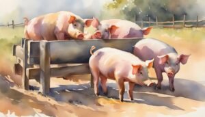 Watercolor painting of pigs at a farm fence.