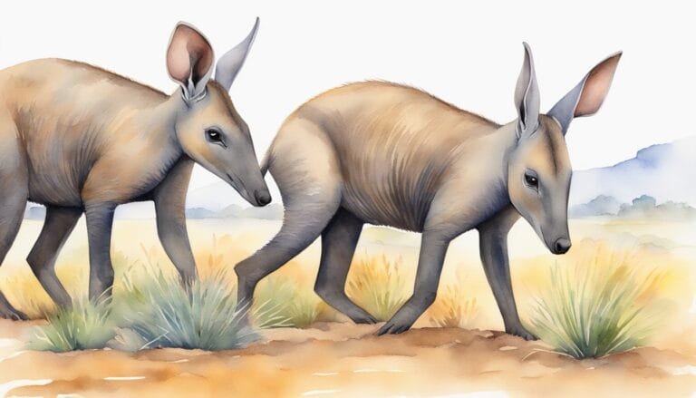 Two aardvarks walking in a serene desert landscape.