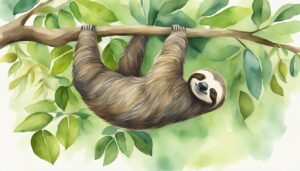 Sloth hanging from tree branch, smiling, in lush greenery.