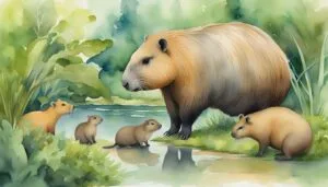 Capybaras in lush watercolor riverside landscape.