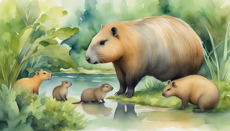 Capybaras in lush watercolor riverside landscape.