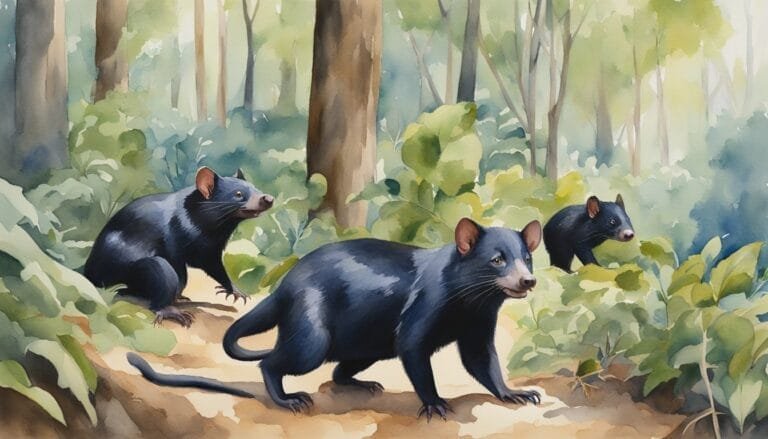 Three Tasmanian devils in a lush forest setting.