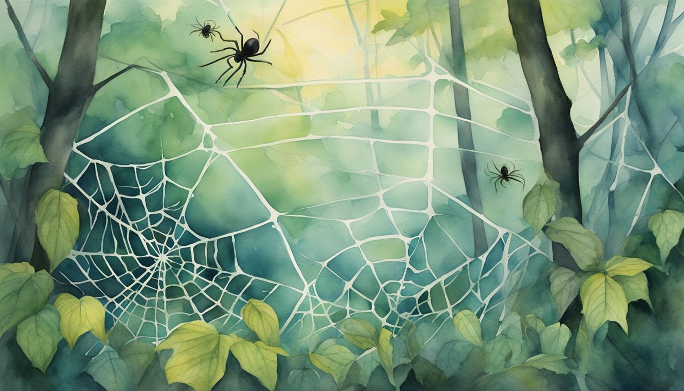 Watercolor painting of spiders on web among forest leaves.