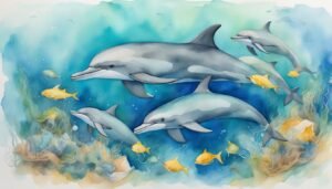 Watercolor painting of dolphins swimming with tropical fish.