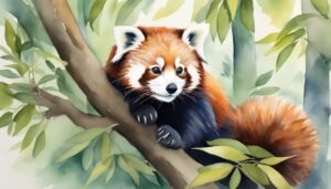 Watercolor painting of red panda in a tree