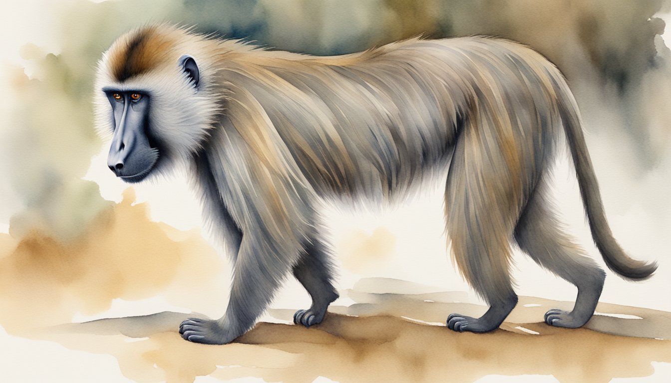 Watercolor illustration of a walking baboon in natural setting