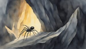 Watercolor painting of spider in cave with light.