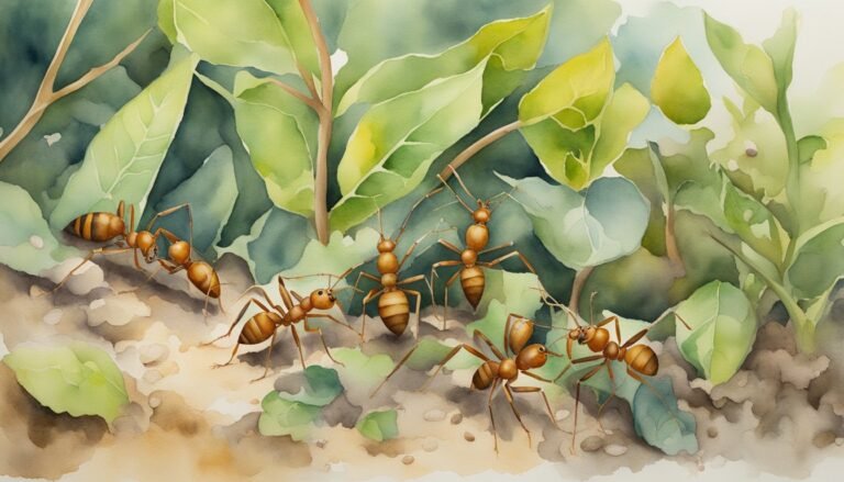 Watercolor illustration of ants on forest floor.