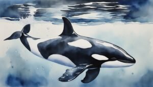 Orca whale swimming underwater, watercolor illustration.