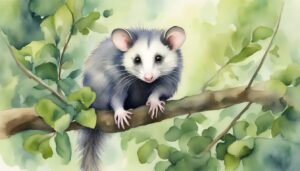 Watercolor painting of opossum on a tree branch.