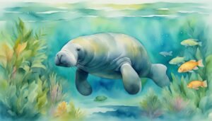 Manatee swimming amid colorful fish in underwater scene.