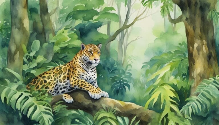 Watercolor of a leopard resting in a lush forest.