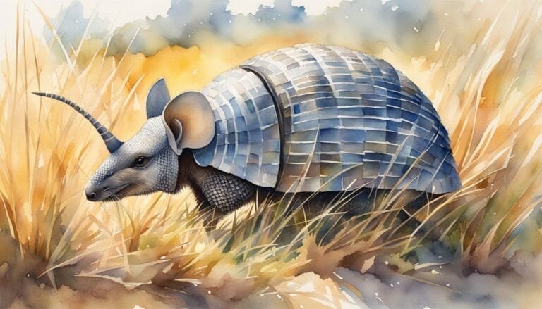 Watercolor painting of an armadillo in a grassy field.