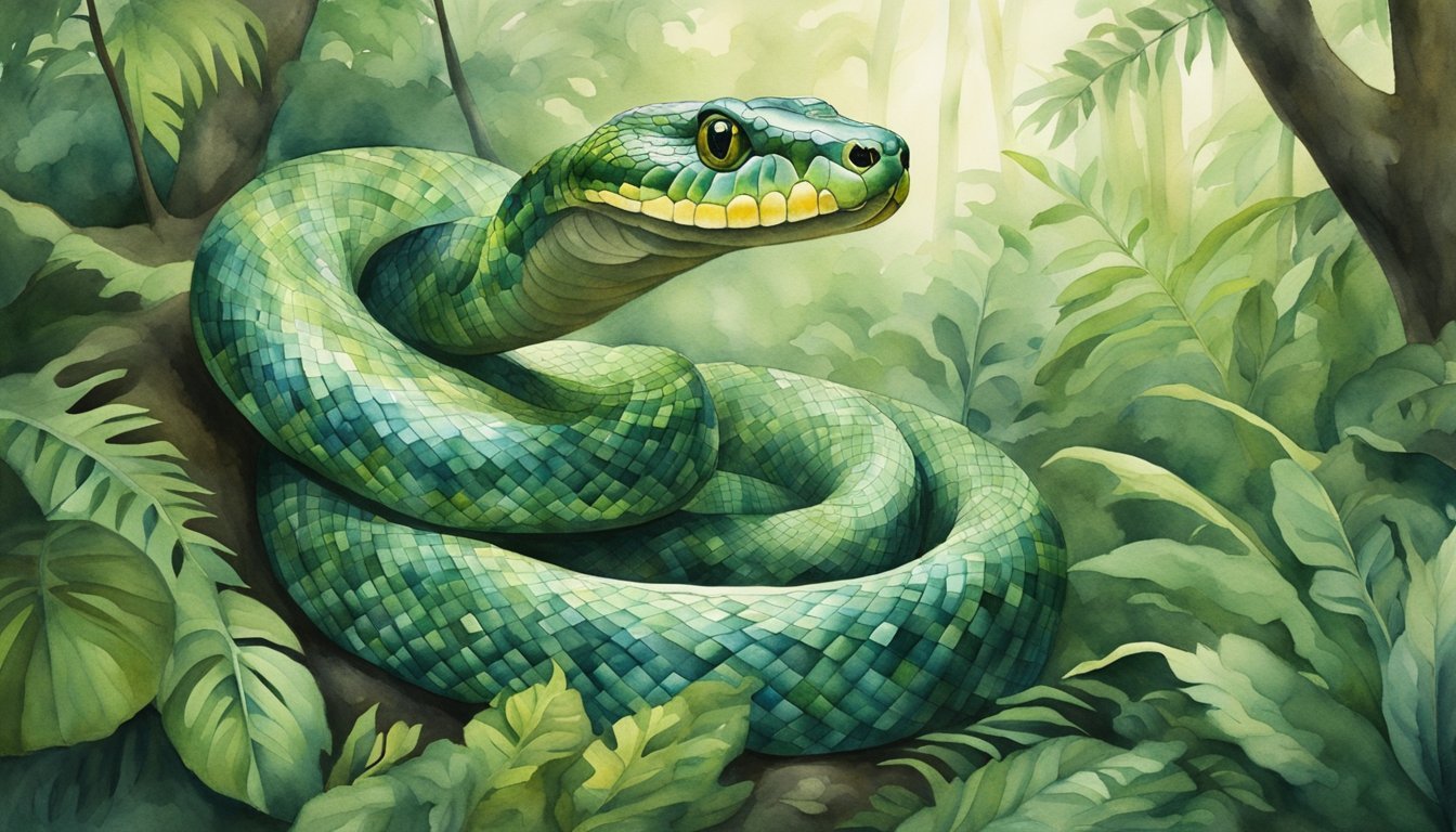 Green snake coiled in lush, dense jungle foliage.