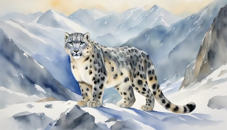 Snow leopard in snowy mountain landscape.