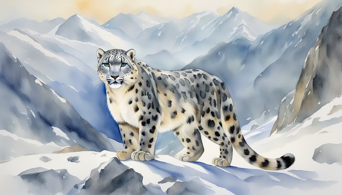 Snow leopard in snowy mountain landscape.