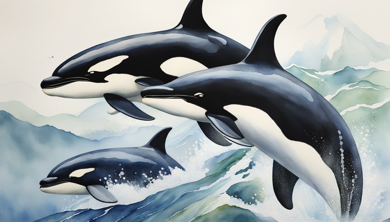 Three orcas swimming near ocean surface, mountain backdrop.