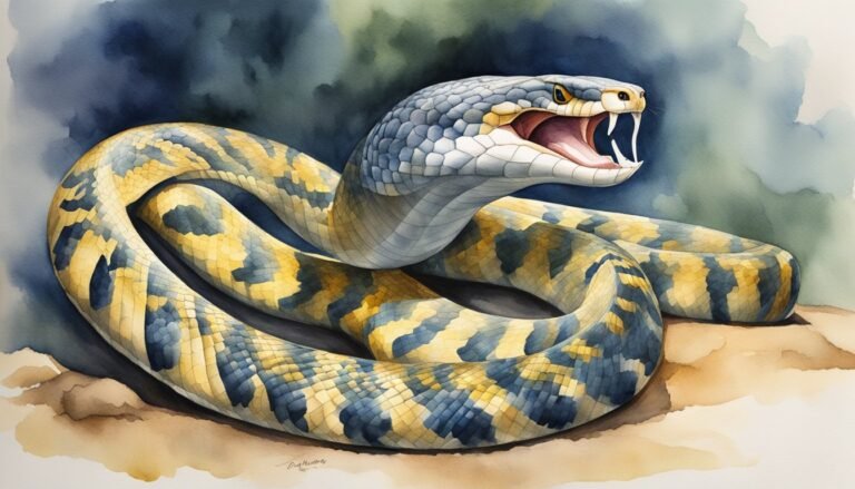 Watercolor painting of coiled snake hissing.