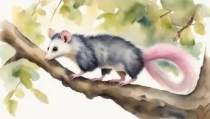 Watercolor painting of opossum on tree branch