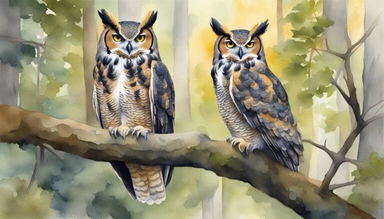 Two horned owls perched on branch in forest painting.
