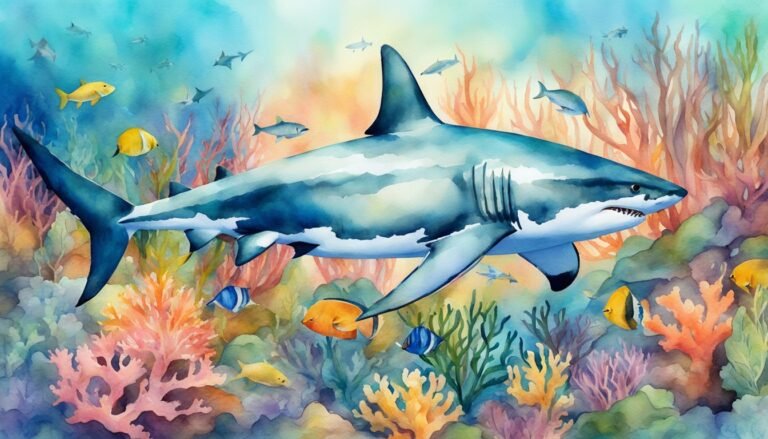 Colorful watercolor of shark swimming in vibrant coral reef.