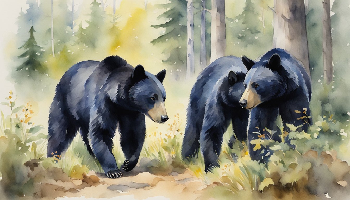 Two bears in a misty forest watercolor scene.