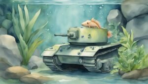 Hedgehog atop tank submerged in watercolor aquatic landscape.