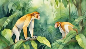 Two proboscis monkeys in a lush green jungle.