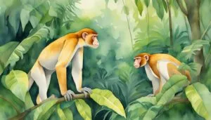 Two proboscis monkeys in a lush green jungle.