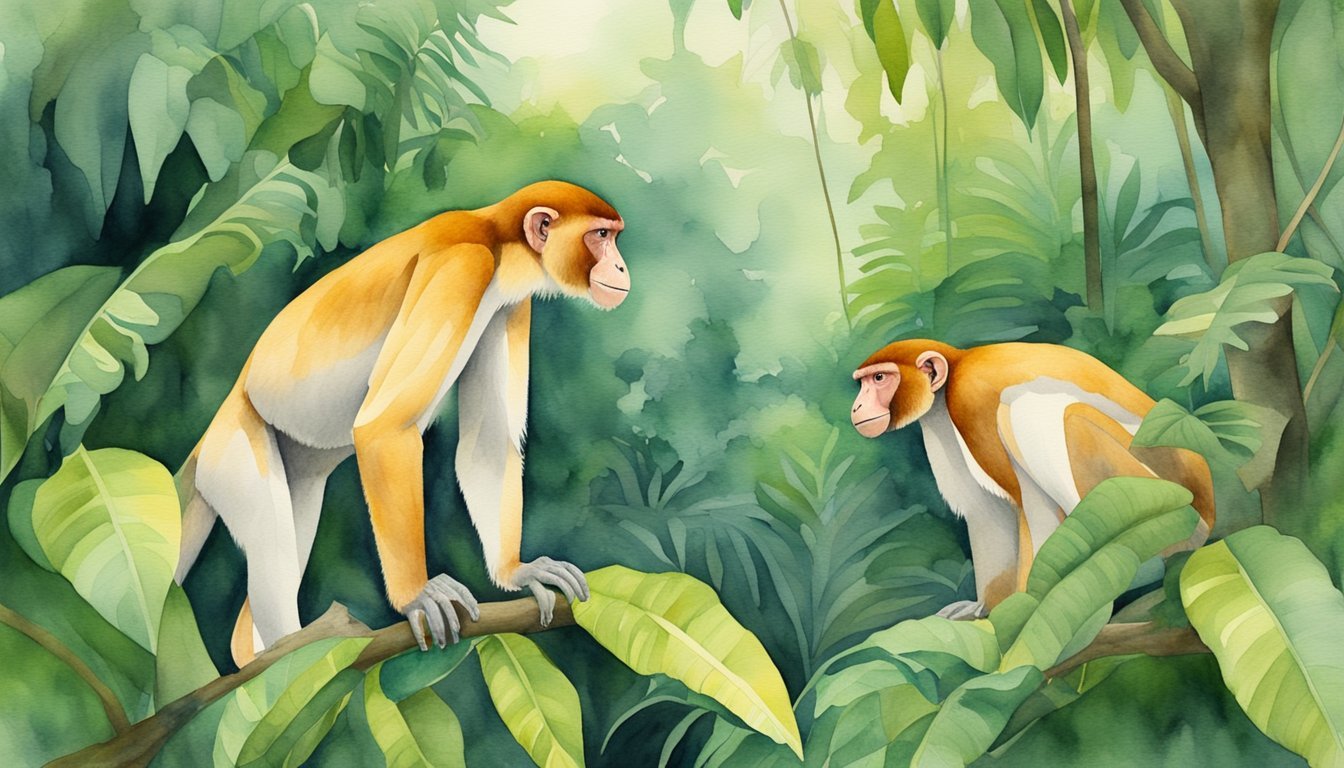 Two proboscis monkeys in a lush green jungle.