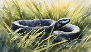 Blue snake coiled in sunlit grass, watercolor illustration.