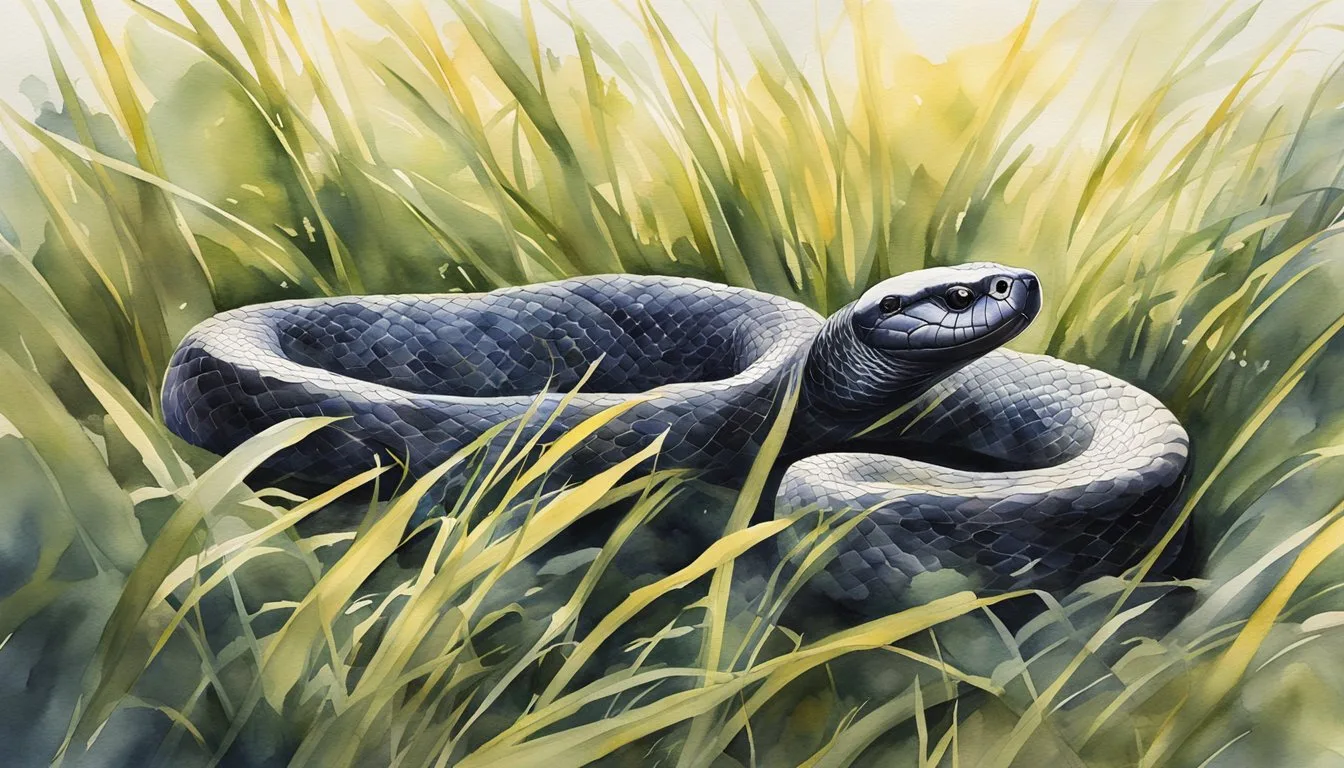 Blue snake coiled in sunlit grass, watercolor illustration.