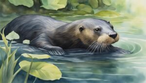 Otter swimming in a serene watercolor-style river habitat.