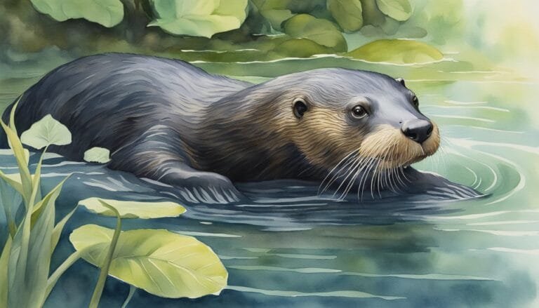 Otter swimming in a serene watercolor-style river habitat.