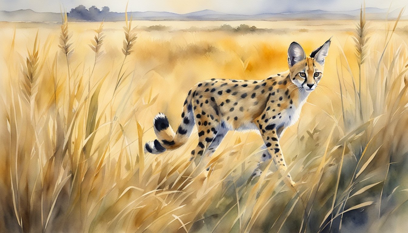 Serval cat walking through tall savannah grassland.