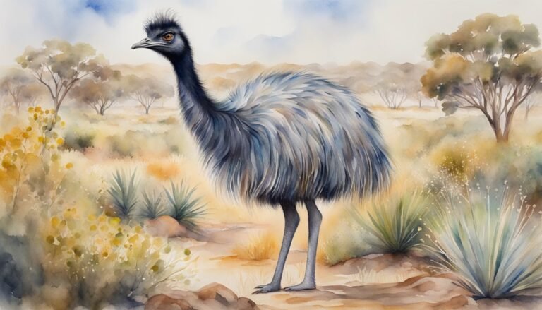 Emu standing amid vibrant Australian outback landscape painting