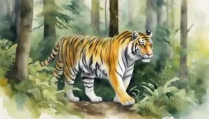 Tiger walking in a lush forest watercolor illustration.