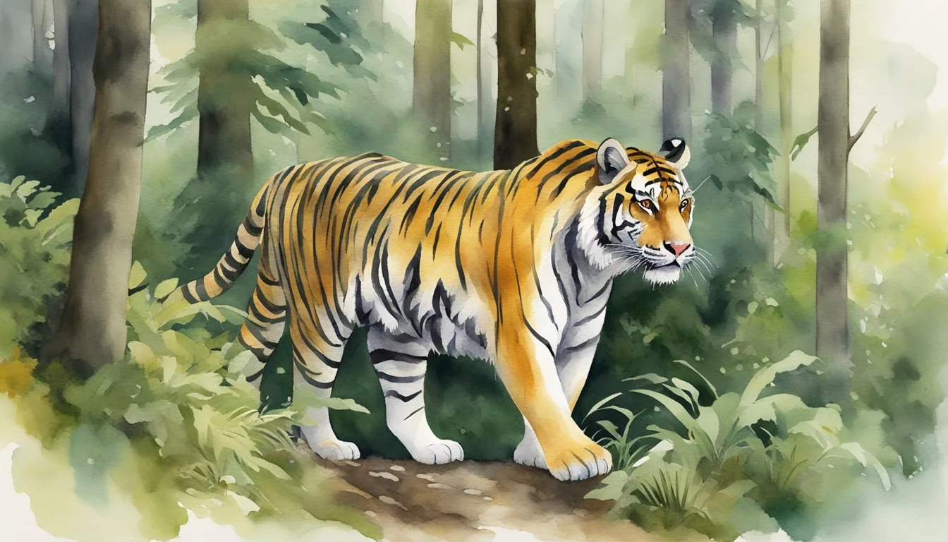 Tiger walking in a lush forest watercolor illustration.