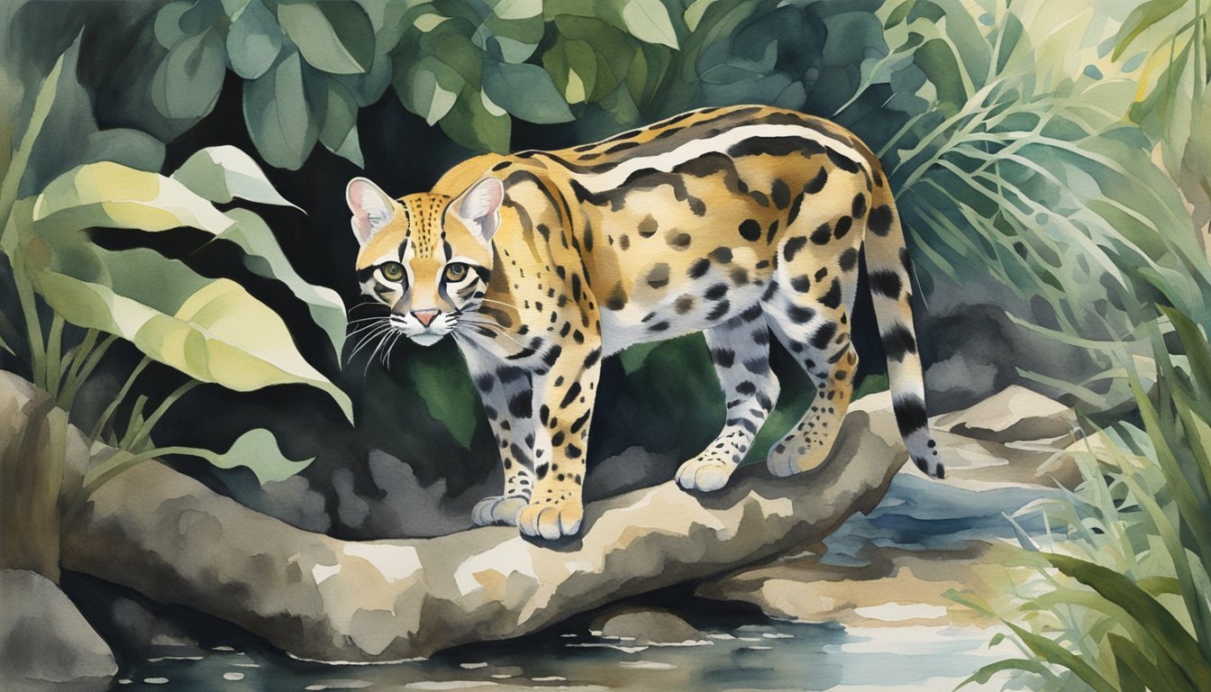 Ocelot on rock amidst lush green foliage