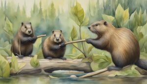 Three beavers holding branch in lush forest setting.