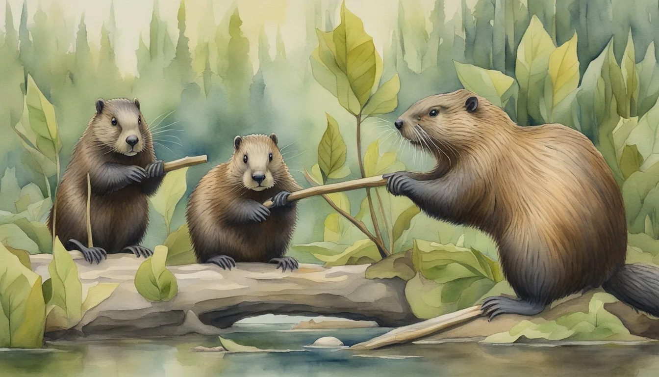 Three beavers holding branch in lush forest setting.