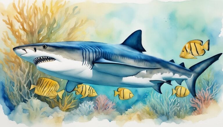 Watercolor painting of shark swimming with tropical fish.