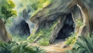 Watercolor painting of a lush forest cave entrance.