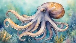 Watercolor octopus in an underwater seascape.