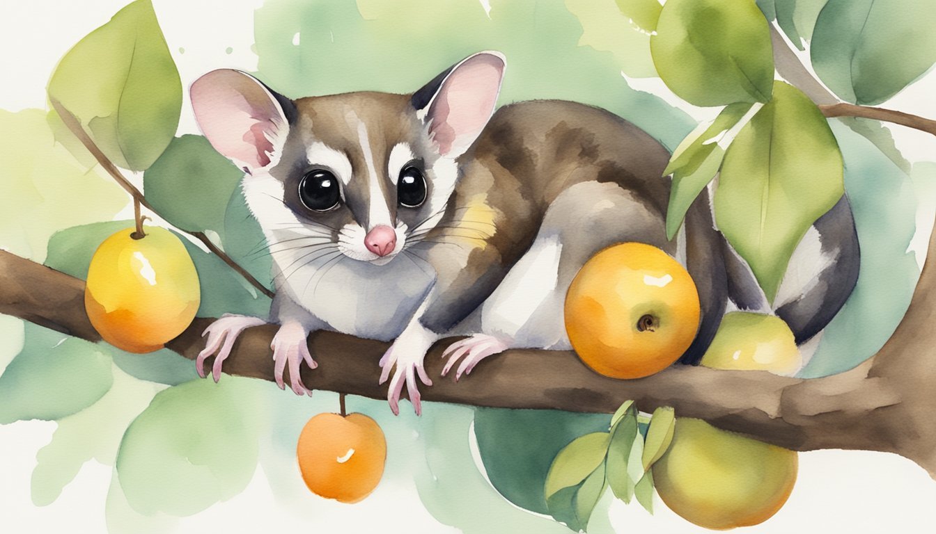 Sugar glider on branch with oranges, watercolor illustration.