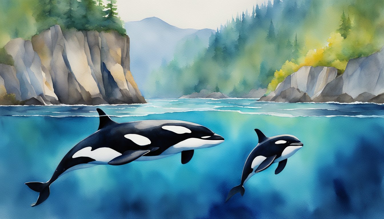 Watercolor painting of two orcas swimming near cliff-lined coast.