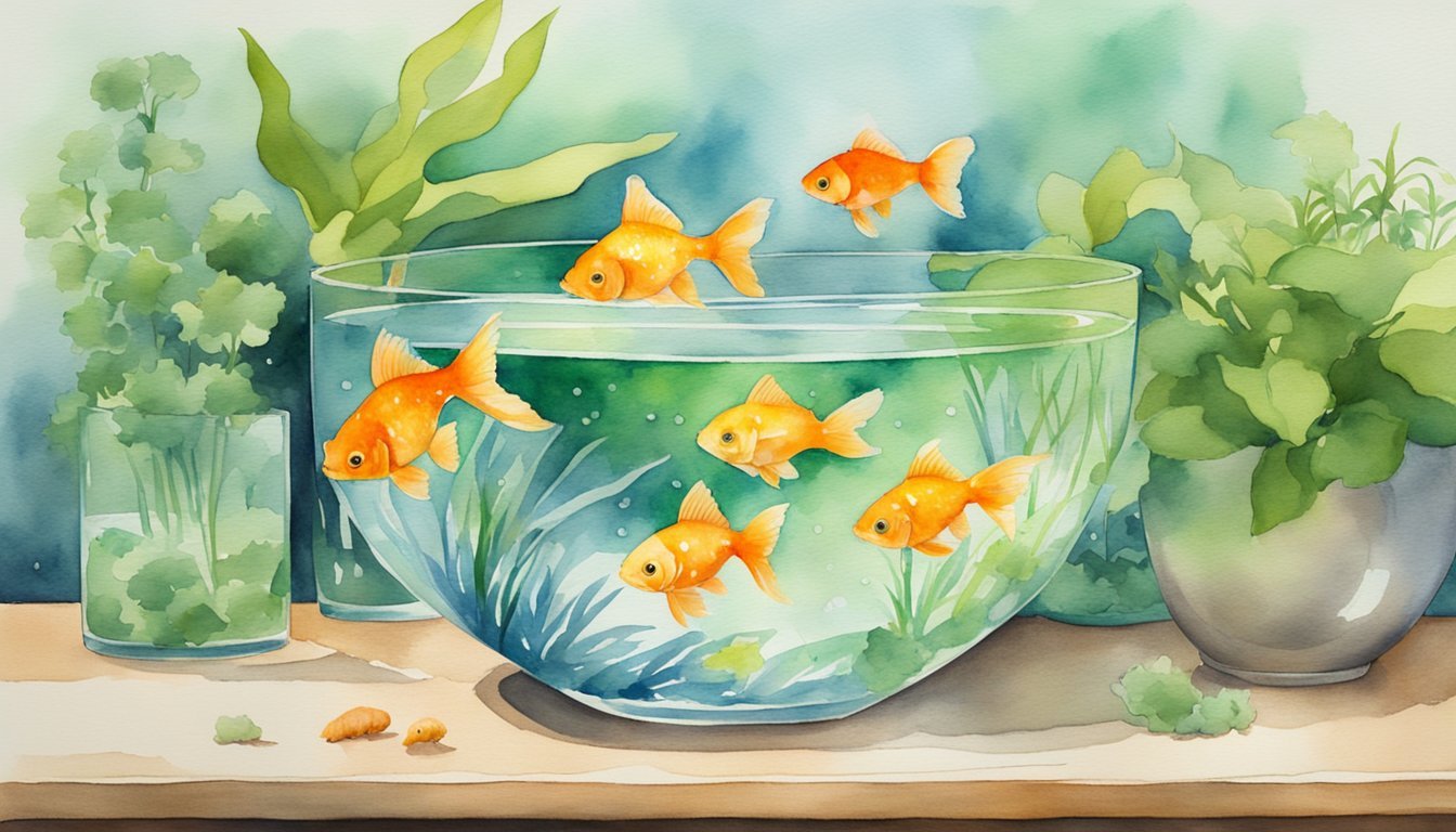 Colorful goldfish in watercolor-painted fishbowl with plants.