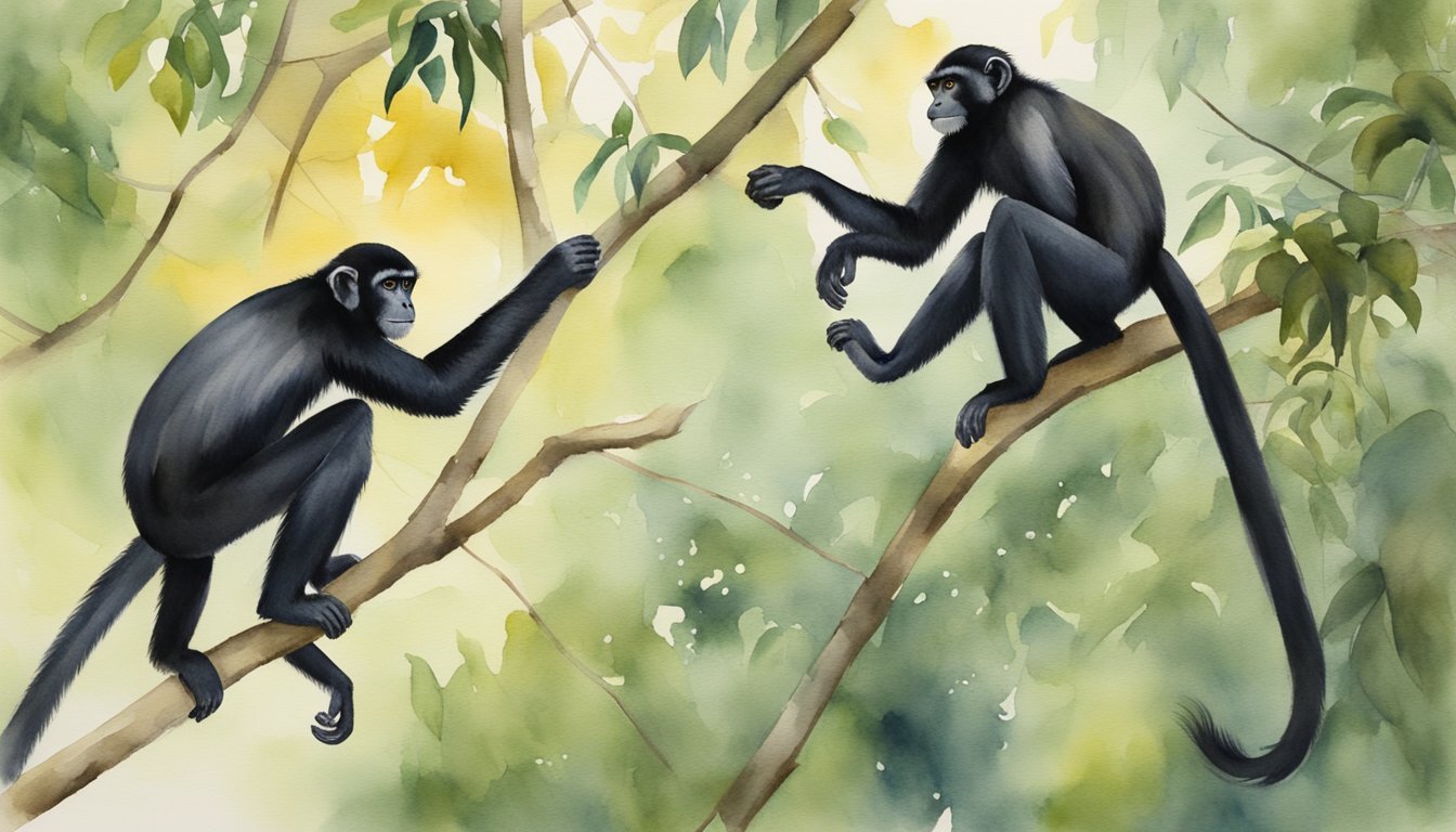 Two monkeys playing on tree branches.