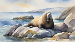 Walrus resting on coastal rocks, serene ocean background.