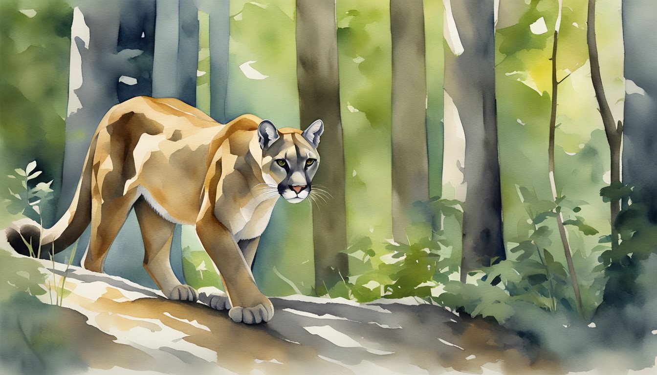 Puma prowling in watercolor forest landscape